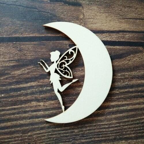 10pcs 10cm Laser Cut Wooden Wood Fairy on Moon Wall Art Home Decor Wall Hanging DIY Craft Scrapbooking Party Decorations