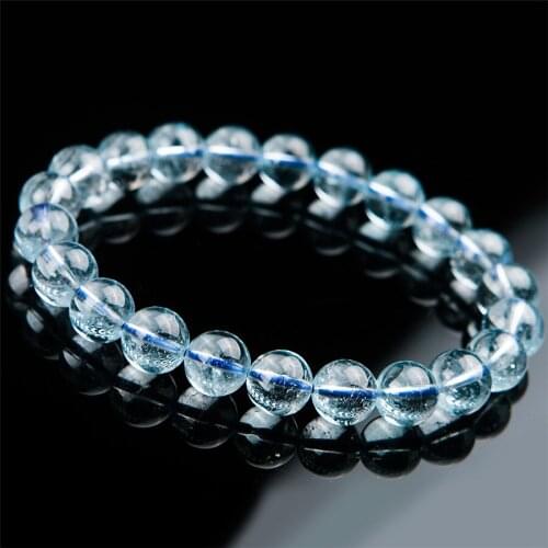 9mm Genuine Natural Blue Crystal Bracelets For Women Clear Round Beads Jewelry Stretch Charm Bracelet Femme