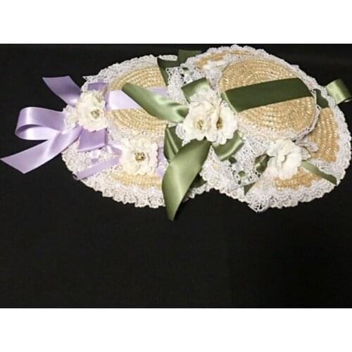F3MD Women Girls Lolita Elegant Tea Party Flat Hat Multilayer Lace Bonnet Artificial Flower Ribbon Bowknot Handmade Straw Beach