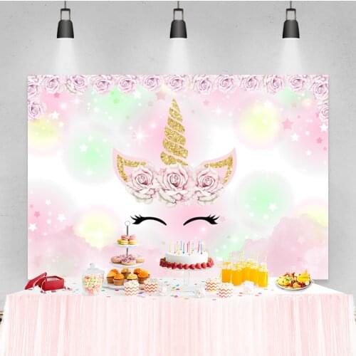 Laeacco Birthday Party Backdrops Rainbow Flower Gold Dots Unicorn Photography Backgrounds Baby Shower Photozone For Photo Studio
