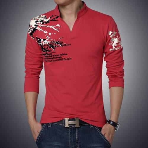 New Fashion Brand Trend Print Slim Fit Long Sleeve T Shirt Men Tee V-Neck Casual Men T-Shirt Cotton T Shirts Plus Size 5XL