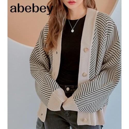 Casual Knitted Cardigan Oversize Button Front Contrast Stripe Cardigan Autumn Winter Women Sweater Feminino Tops