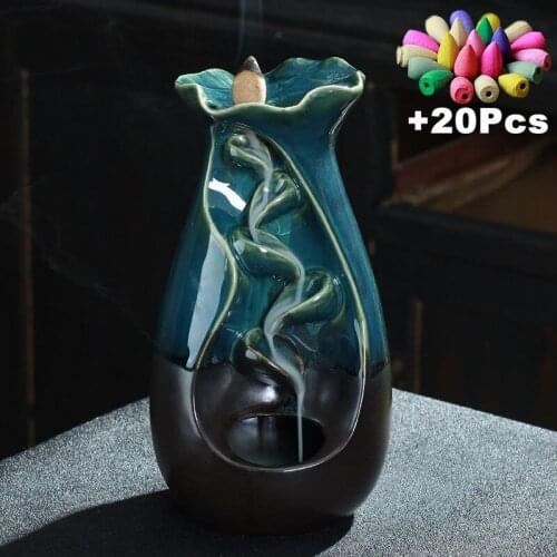 Summer Lotus Waterfall Burner Ceramic Incense Holder Hand Made Ceramic Handiwork Home Office Decor With 20Cones Gift
