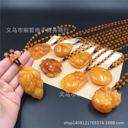 Chinese Yellow Beeswax Water Drop Flowers Gourd Leaves Amber Pendant Necklace Men Women Mala Meditation Jewelry Sweater Chain