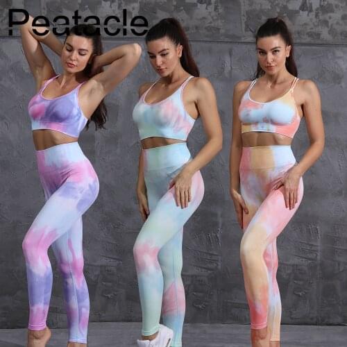 Peatacle 2 Piece Leggings Set High Waist Tights Women Yoga Wear New Seamless Knitted Tie Dye Sports Bra Fitness Workout Suit
