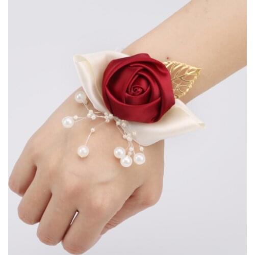 Wine Red Pearl Beaded Wedding Wrist Flowers Bridesmaid Ribbon Gold Leaf Corsages Wristband Flowers de Marriage Gift Party SW643