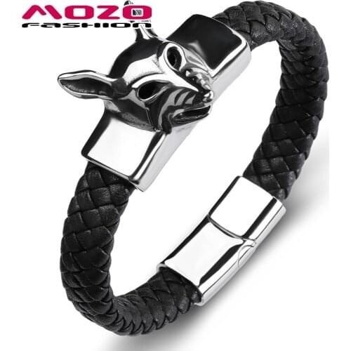 Fashion New Trendy Men Wolf Bangle Leather Stainless Steel Simple Bracelets Male Collocation Punk Cuff Jewelry PS2135