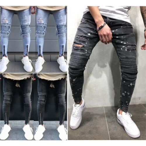 Men Hip-hop Skinny Biker Jeans Destroyed Frayed Slim Fit Denim Pants Trousers