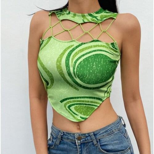 New Streetwear Bandage Hollow Green Graphic Printed Tee Women Sexy Crop Tops Tank Tops 2021 Summer Ladies Mini Shirts