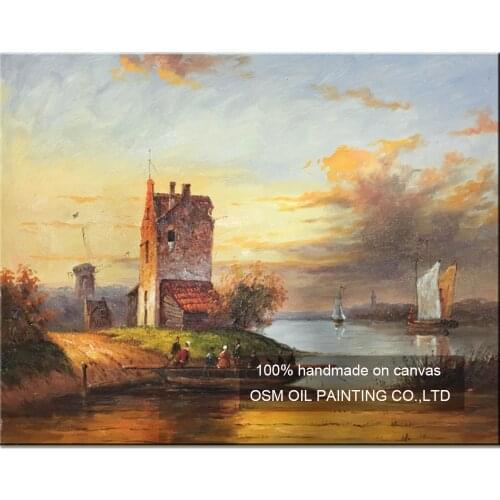 Hand Painted Classical Landscape Boat Oil Painting Wall Art Home Decor Dutch Scene Paintings for Living Room Scenery Painting