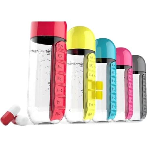 600ml Sports Plastic Water Bottle Combine Daily Pill Boxes Organizer Drinking Bottles Leak-Proof Bottle Tumbler Outdoor