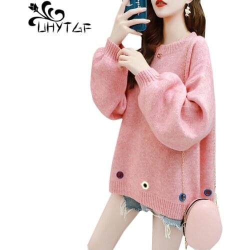 UHYTGF Womens sweater knitted pullover autumn winter sweaters female long sleeve round neck casual women sweater pull femme 1101