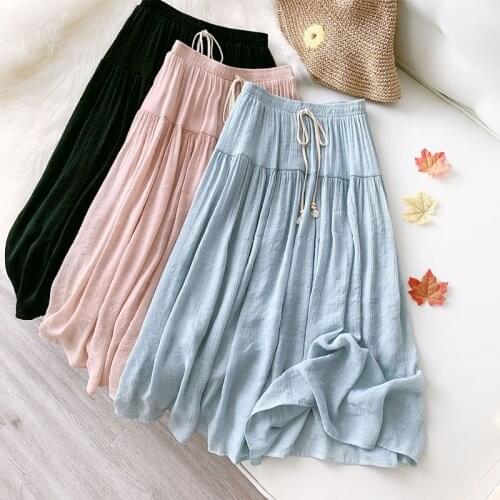 2021 New Cotton and Linen Skirt Women Casual Elastic High Waist Thin Summer Skirt Female Blue Pink Black Long Maxi Skirts Lady