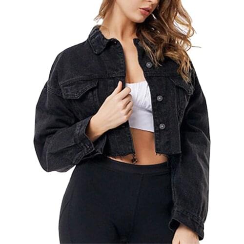 New Black Drop Shoulder Long Sleeve Frayed Hem Ripped Crop Denim Jacket Women High Street Single Breasted Solid Short Jackets