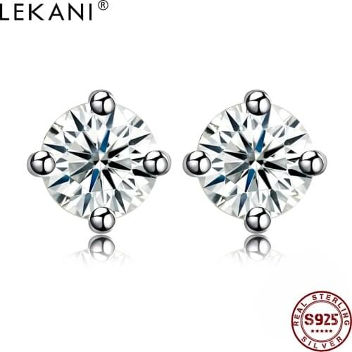 LEKANI Clear Cubic Zirconia 925 Sterling Silver Stud Earrings For Women Simple Four Claws Earring Party Fine Jewelry New Listing