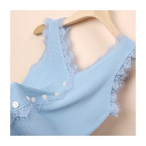 2021 New Sexy lace patchwork Ice silk knitted tank top women summer elegant o-neck sleeveless tops black white pink