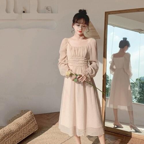 Spring And Autumn 2021 New French Womens Dress Waist Slimming Long Sleeve Flared Sleeves Chiffon Fairy Temperament Long Dress