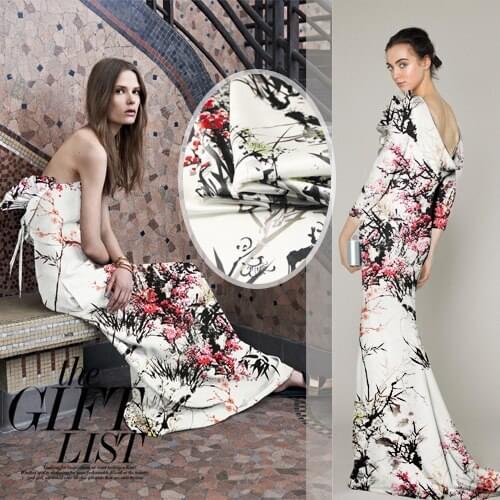 118cm wide 93% silk 7% spandex 19mm trees print elastic mulberry silk satin fabric for dress 692