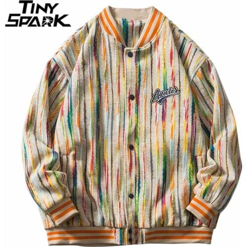 2021 Men Streetwear Jacket Hip Hop Striped Embroidery Letter Jacket Harajuku Cotton Casual Autumn Jacket Coat Outwear Button