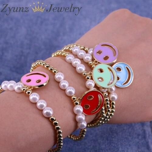 5PCS, Simple Hollow Enamel Smiling Face Gold Bracelet for Women Pearl Chain Bracelet Jewelry Gifts Wholesale