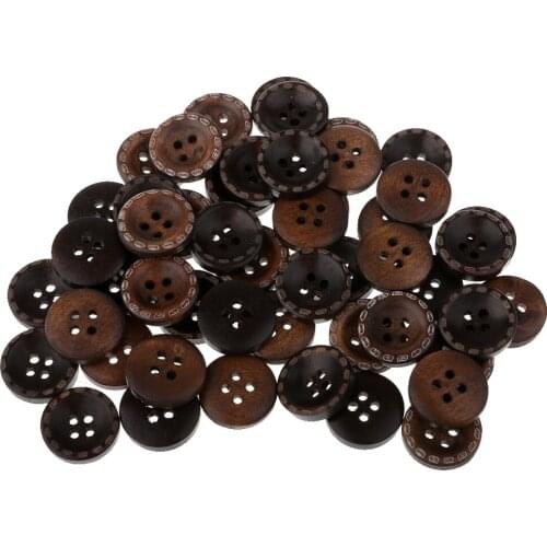 50 Pieces Wooden 4 Holes Buttons for Sewing Decoration Scrapbooking Coffee 15mm