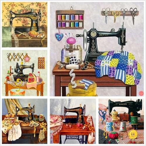 5D Diy Diamond Painting "Sewing Machine Scenery" Diamond Picture Cross Stitch 3D Rhinestone Embroidery Art Decor