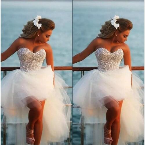 Arabic Sweetheart Tulle High Low Summer Beach Wedding Dresses Beaded Pearls Top Short Wedding Bridal Gowns