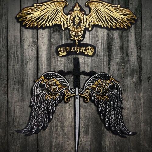 Large Sequin Sword wings Golden wings patches for clothes Sew On Appliques For Jacket Embroidery Decorative Supplies Crafts