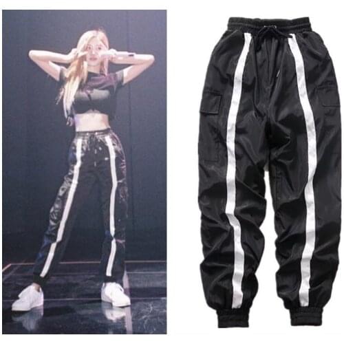 Kpop Ross 2021 streetwear loose striped harem pants women high waist casual reflective strips drawstrings sweatpants