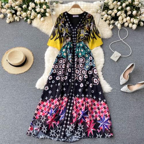 European and American dress summer new style temperament V-neck slim long design sense of color matching printed chiffon holiday