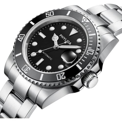 PHYLIDA Design Brand Luxury Men Watches100M Water Resistant 40mm Automatic Black Watch Stainless Steel Waterproof Business Spor