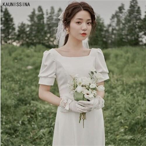 KAUNISSINA Simple Satin Wedding Dress Square Collar Mid-Calf Cheap Bridal Gowns For Bride A-Line Beach Boho Wedding Dresses