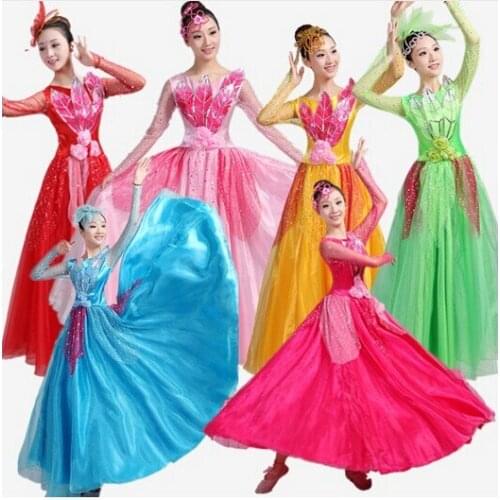 Chinese folk dance costumes ladies chorus dress Stage Costume Dance Skirt group flower dance dress