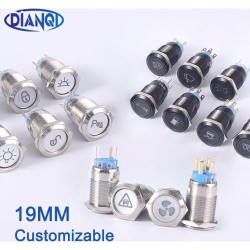 19mm Customization Button Metal Brass Rhodium Plating Push Button Switch Ring Lamp Flat Round Fog Fans Light Latching/Momentary