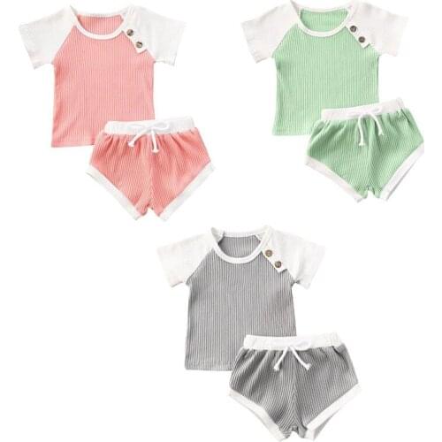 Summer Baby Girls Outfit Set Short Sleeve Knitted Patchwork Round Neck Top Shirt Drawing Elastic Pants Clothes Set