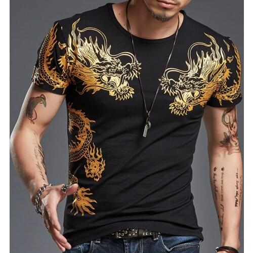 Summer mens short sleeve t-shirt mens fashion slim young students loose casual small shirt large size mens golden dragon