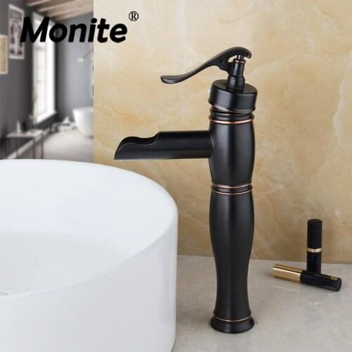 Monite Black ORB Bathroom Faucet Waterfall Deck Mounted Bamboo Shape Basin Sink Faucet Art Design Bathroom Mixer Tap