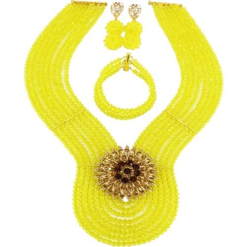 New Yellow Crystal Costume Nigerian African Wedding Beads Jewelry Necklaces Set Bridal Beads Sets 8PD20