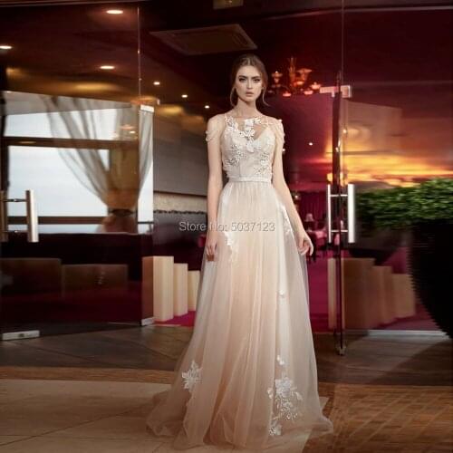 2020 Charming Champagne Tulle Wedding Dresses A Line Lace Appliques O Neck Sleeveless Bridal Gowns Vestido De Noiva Open Back