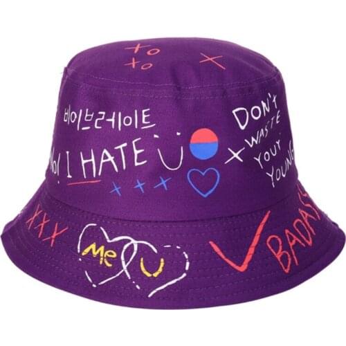 L93F Men Women Summer Harajuku Cotton Bucket Hat Letters Heart Graffiti Printed Hip Hop Skateboard Street Wide Brim Sunscreen