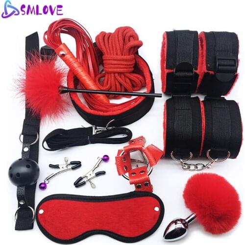 SMLOVE Sex Handcuffs Collar Whip Gag Nipple Clamps BDSM Bondage Rope Erotic Adult Sex Toys For Woman Couples Anal Butt Plug Tail