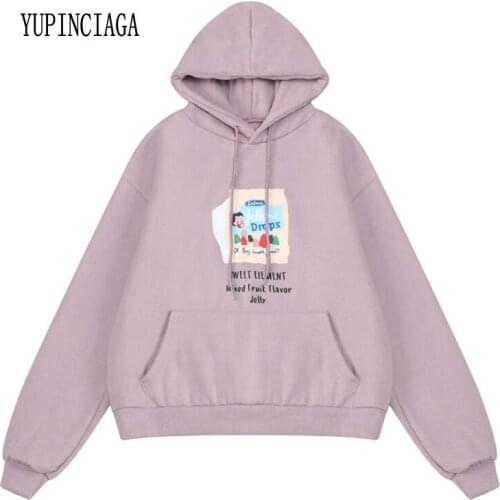 YUPINCIAGA Hoodies Girls Harajuku printing loose candy hooded long sleeves plus velvet thick Warm Sweatshirt women pullover