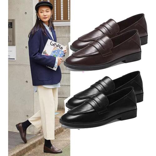 LIHUAMAO British style penny loafers women flats shoe dress party office ladies slip on flat shoes brown