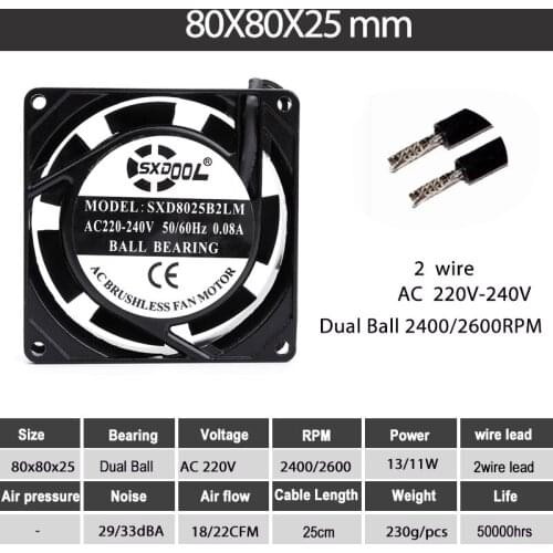 1pcs SXDOOL AC 220v 240v 80mm 8025 8cm AC Cooling Fan Dual Ball Bearing 8025 80mm x 25mm Cooler Axial cabinets chassis case Fan