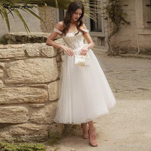 Magic Awn Beach Off The Shoulder Wedding Dresses Polka Dots Tulle Lace Appliques Illusion Tea Length Boho Mariage Gowns Vestido