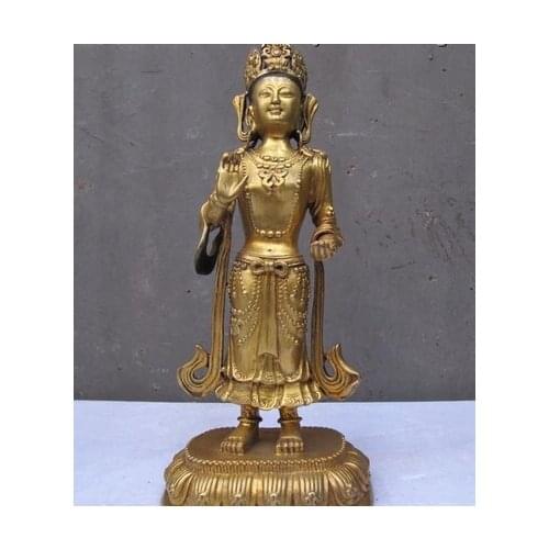 Xd 001481 10"Tibet Buddhism Temple Pure Bronze 24K Gold stand kwan yin Buddha Statue