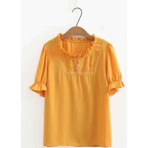 Plus size button Ruffled Chiffon women tshirts 2021 new summer casual ladies t shirts female tops t-shirts yellow black apricot