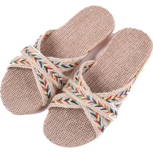 Women Indoor Flax Slippers Home Slides Summer Flat Shoes Unisex House Floor Slippers Breathable Lovers Bedroom Shoes
