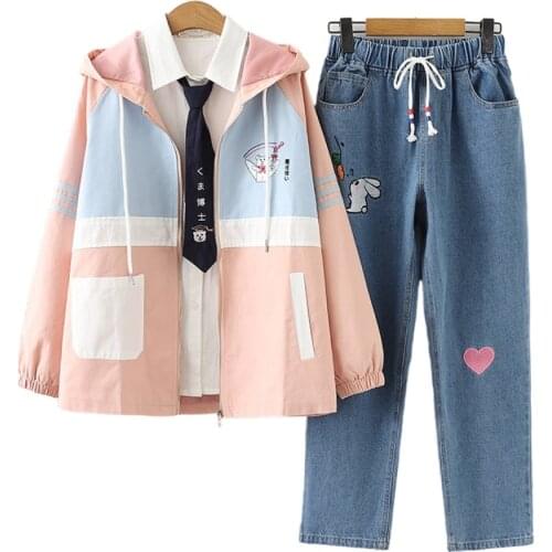 3 Piece Set Women Casual Suits Cartoon Embroidery Zipper Jacket White Tie Blouse Elasticity Waist Knee Length Jeans Denim Pants