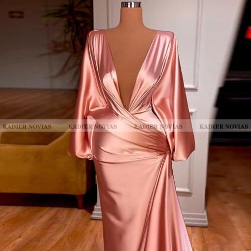 Kadier Novias Long Sleeves Mermaid Satin Pink Arabic Evening Dress for Women 2021 V Neck Floor Length Prom Party Gowns